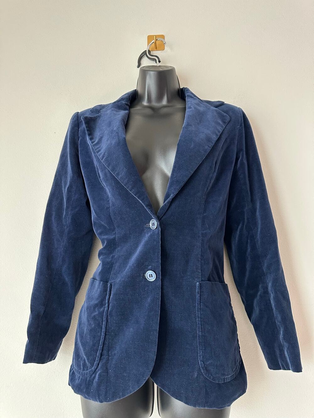 Vintage 70s Navy Blue Velvet Blazer Fitted Jacket Academia Size M